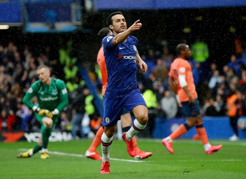 Pedro celebrates after scoring for Chelsea against Everton. Getty Images