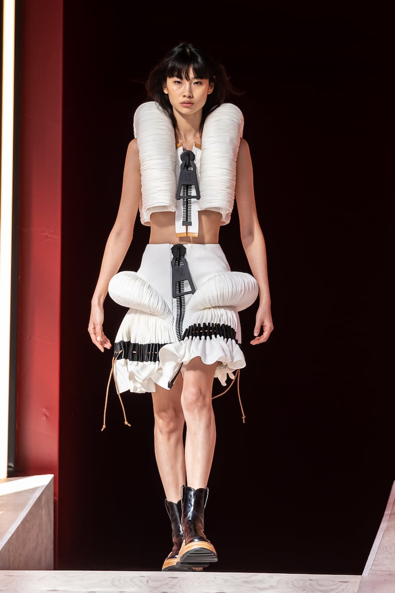 Padded details around the neckline and on the hips featured in a look from the spring/summer 2023 collection by Louis Vuitton. EPA
