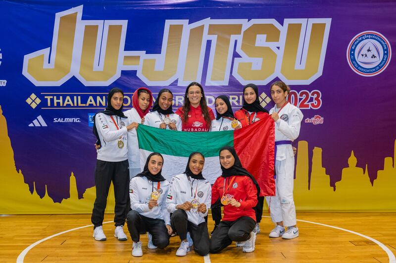 The UAE women’s team with their medals from the Thailand GP. Photo: UAEJJF
