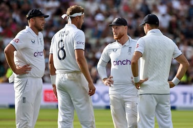 England's Ben Stokes, centre, speaks to England's Ollie Robinson, left, England's James Anderson, right, and England's Stuart Broad during day five of the first Ashes Test cricket match, at Edgbaston, Birmingham, England, Tuesday, June 20 2023.  (AP Photo / Rui Vieira)
