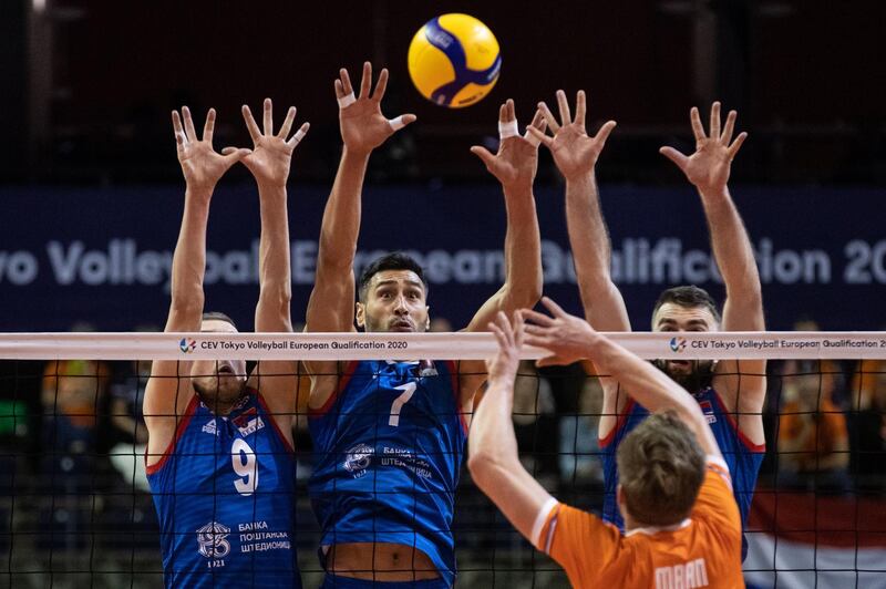 Action from the Netherlands against Serbia in the Continental Tokyo Volleyball qualification match in Berlin on Monday, January 6. EPA