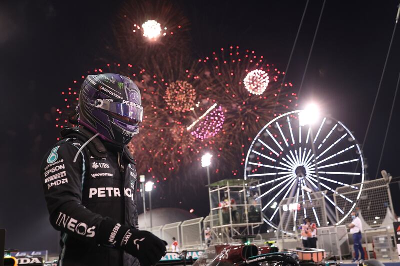 Hamilton celebrates after winning the Bahrain GP in Sakhir on March 28, 2021. AP