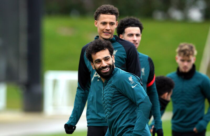 Liverpool's Mohamed Salah and team-mates at the AXA Training Centre on Monday, April 4, 2022. PA