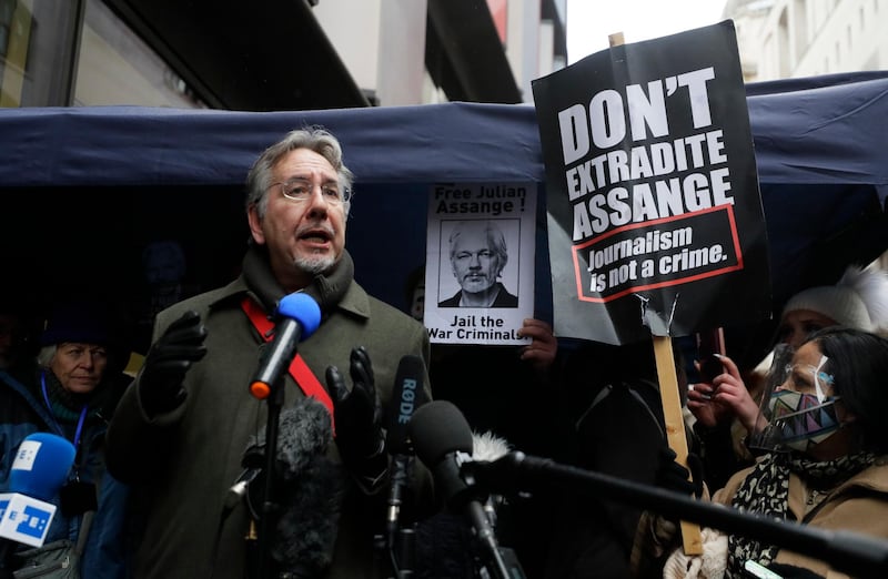 John Rees from the 'Free Julian Assange' campaign speaking outside the Old Bailey. AP Photo