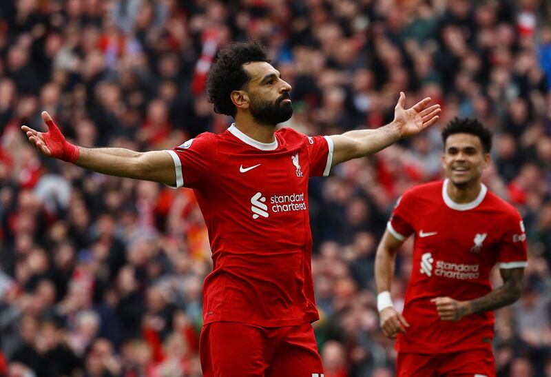 Liverpool's Mohamed Salah celebrates after scoring their second goal against Brighton in the Premier League game at Anfield on Sunday, March 31, 2024. Reuters
