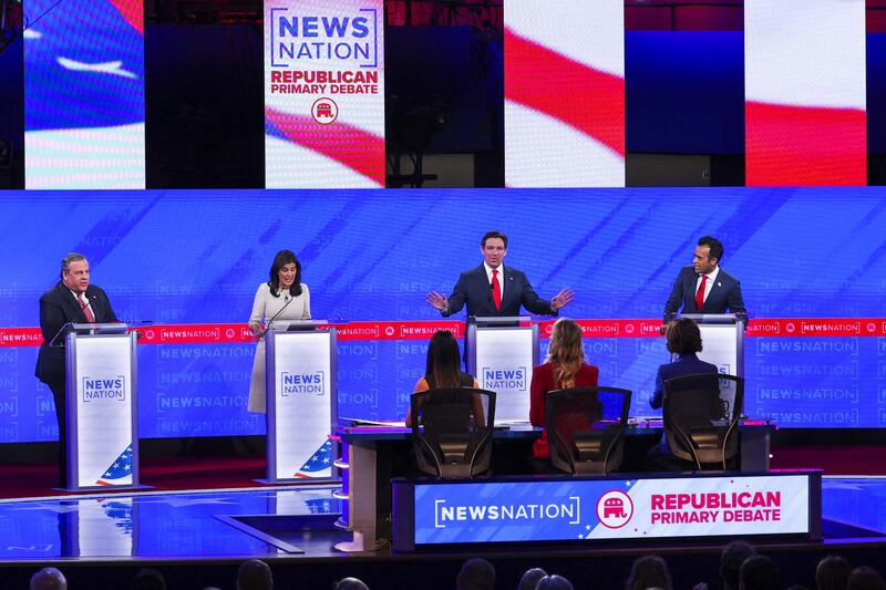 From left, Chris Christie, Nikki Haley, Ron DeSantis and Vivek Ramaswamy participate in the fourth Republican debate on Wednesday. Reuters
