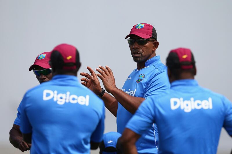 ANTIGUA, ANTIGUA AND BARBUDA - APRIL 11:  Phil Simmons (2R) the head coach of West Indies during the West Indies nets session at the Sir Vivian Richards Stadium on April 11, 2015 in Antigua, Antigua and Barbuda.  (Photo by Michael Steele/Getty Images)