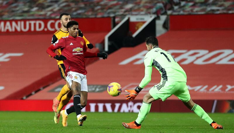 WOLVES RATINGS: Rui Patricio, 6 – Largely untroubled despite Marcus Rashford’s last-gasp finish which gave him no chance. Earlier, he had thwarted Paul Pogba with a smart save to his left and had just about kept out Bruno Fernandes’ close-range attempt. EPA