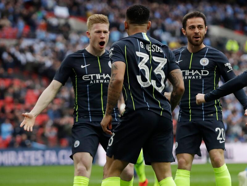 Manchester City's Gabriel Jesus celebrates with his teammates. AP Photo