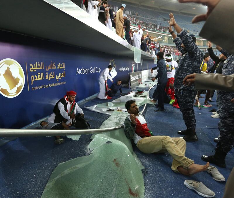 An injured fan awaits treatment after a glass barrier broke at the end of the  Gulf Cup of Nations Final match between Oman and UAE at Jaber Al-Ahmad International Stadium, Kuwait City, Kuwait, 05 January 2018. Oman won 5-4 in penalty shootouts.  Noufal Ibrahim / EPA