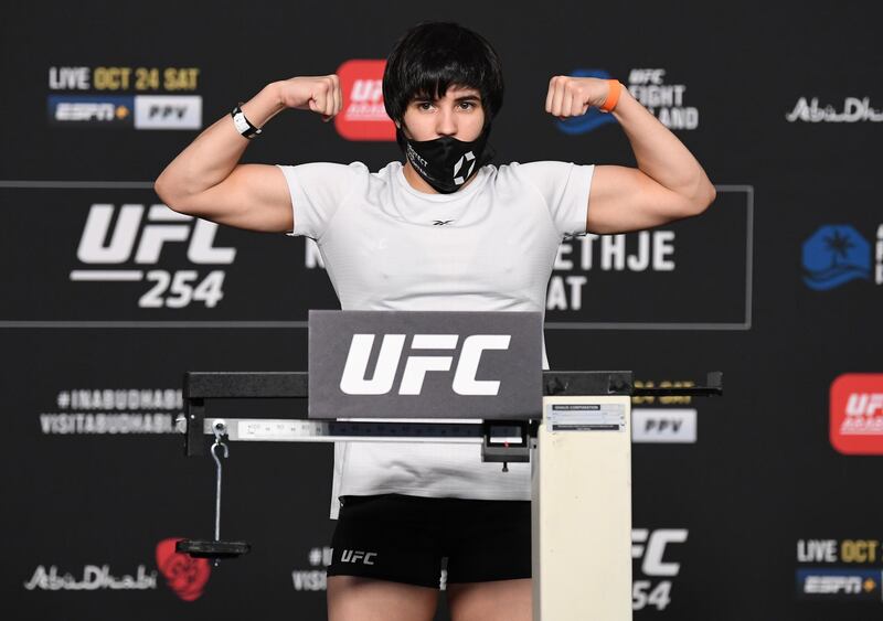 ABU DHABI, UNITED ARAB EMIRATES - OCTOBER 23: Liliya Shakirova of Uzbekistan poses on the scale during the UFC 254 weigh-in on October 23, 2020 on UFC Fight Island, Abu Dhabi, United Arab Emirates. (Photo by Josh Hedges/Zuffa LLC)