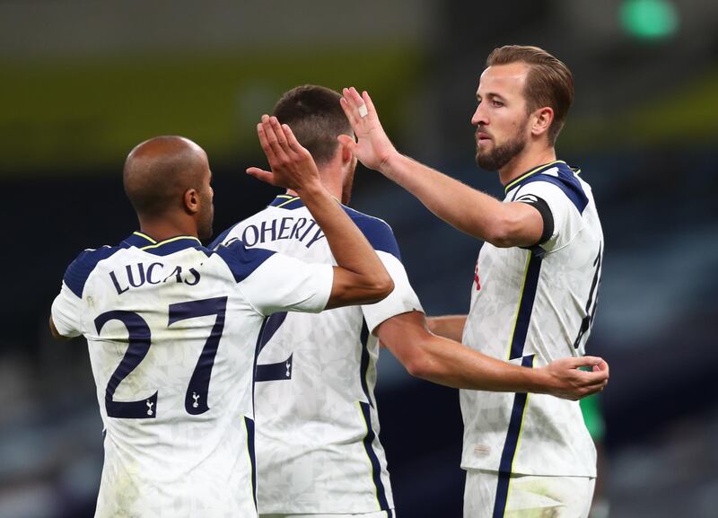 Tottenham Hotspur's Harry Kane celebrates scoring their fifth goal with Lucas Moura. Reuters