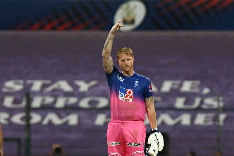 Ben Stokes of Rajasthan Royals celebrates his century during match 45 of season 13 of the Dream 11 Indian Premier League (IPL) between the Rajasthan Royals and the Mumbai Indians at the Sheikh Zayed Stadium, Abu Dhabi  in the United Arab Emirates on the 25th October 2020.  Photo by: Vipin Pawar  / Sportzpics for BCCI