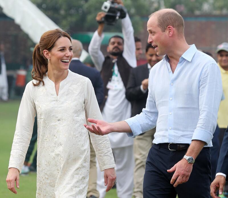 Catherine, Duchess of Cambridge and Prince William, Duke of Cambridge joke during their visit at the National Cricket Academy during day four of their royal tour of Pakistan on Thursday, October 17, 2019 in Lahore, Pakistan. Getty Images