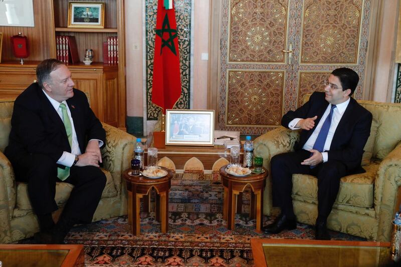 Moroccan Foreign Minister Nasser Bourita meets with US Secretary of State Mike Pompeo during his visit to Rabat, Morocco December 5, 2019. REUTERS/Stringer  NO RESALES. NO ARCHIVES