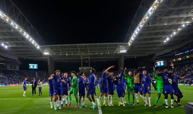 Chelsea players celebrate after the match.