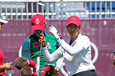 Maha Haddioui, of Morocco, during a practice round prior to the women's golf event at the Tokyo Olympics. AP