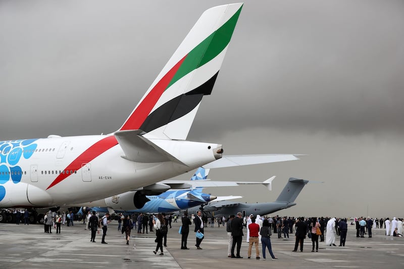 Dubai, United Arab Emirates - November 20, 2019: Dark clouds at the Dubai airshow. Wednesday, November 20th, 2017 at Dubai Airshow, Dubai. Chris Whiteoak / The National