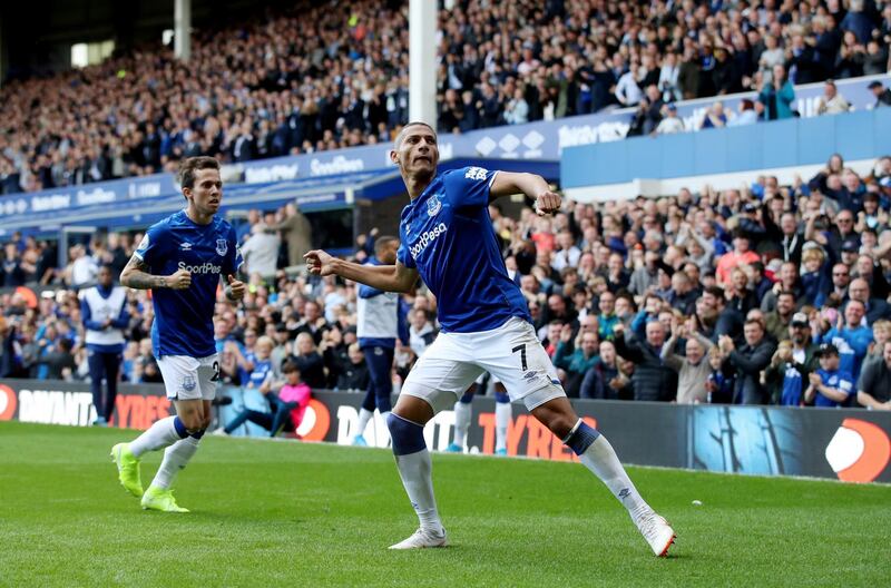 Everton's Richarlison celebrates scoring their third goal. Reuters