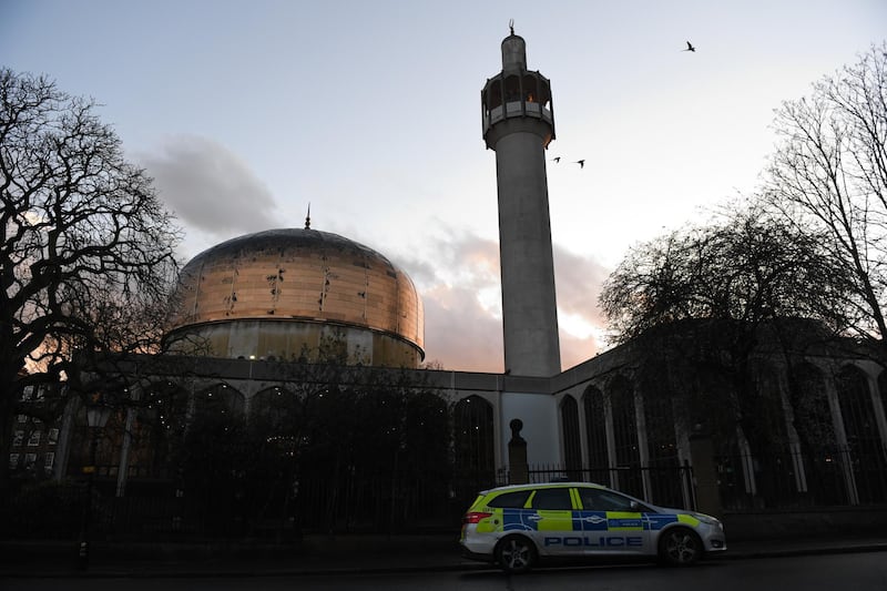 LONDON, ENGLAND - FEBRUARY 20: A police car is stationed after an attack at the London Central Mosque in Park Road, near Regent's Park on February 20, 2020 in London, England. A man has been arrested on suspicion of attempted murder after allegedly stabbing a 70-year-old man this afternoon inside the mosque near Regent's Park in Central London. (Photo by Chris J Ratcliffe/Getty Images)