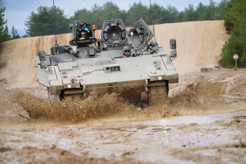 An Ajax Ares tank on the training range at Bovington Camp, a British Army military base in Dorset, England. AP