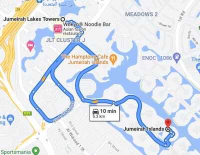 The current fastest route between Jumeirah Islands and Jumeirah Lakes Towers takes 10 minutes by car. Photo: Google Maps