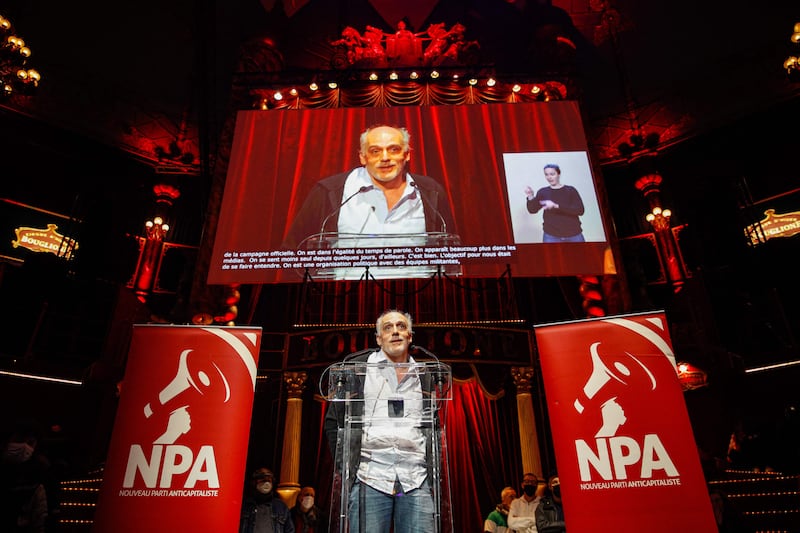 French far-left party Nouveau Parti Anticapitaliste presidential candidate Philippe Poutou delivers a speech at the Cirque d’Hiver in Paris. AFP