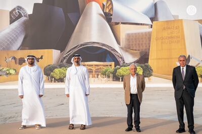 Sheikh Khaled bin Mohamed bin Zayed, second from left, architect Frank Gehry, second from right, and senior officials of DCT – Abu Dhabi and the Solomon R Guggenheim Foundation, at the Guggenheim Abu Dhabi museum site on Saadiyat Island. Photo: Abu Dhabi Media Office