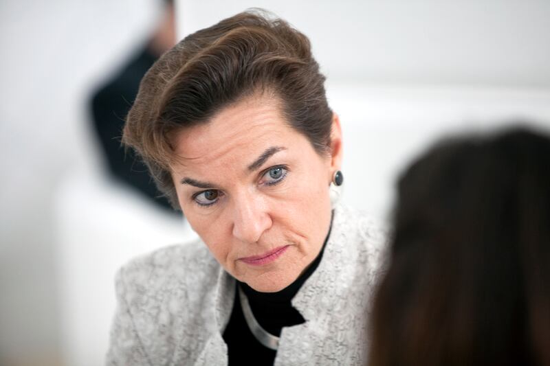 Abu Dhabi, United Arab Emirates, January 16, 2013: 
Christiana Figueres, the Executive Secretary of the United Nations Framework Convention on Climate Change (UNFCCC) talks to a reporter on Wednesday, Jan. 16, 2013, in part of the World Future Energy Summit at the Abu Dhabi National Convention Center in Abu Dhabi. 
Silvia Razgova / The National

