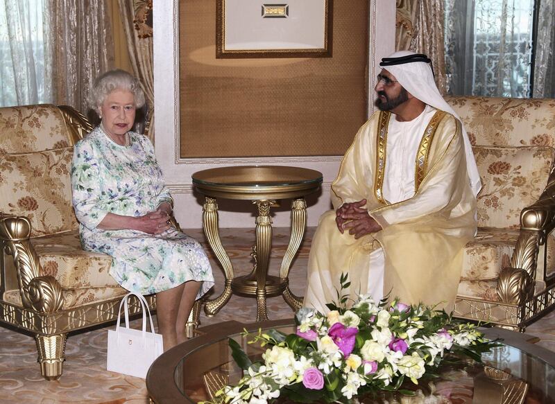 ABU DHABI, UNITED ARAB EMIRATES - NOVEMBER 25:  Queen Elizabeth II meets Sheikh Mohammed bin Rashid al-Maktoum Ruler of Dubai and Prime Minster of the UAE at Emirates Palace on November 25, 2010 in Abu Dhabi, United Arab Emirates. Queen Elizabeth II and Prince Philip, Duke of Edinburgh are in Abu Dhabi on a State Visit to the Middle East. The Royal couple will spend two days in Abu Dhabi and three days in Oman.  (Photo by Chris Jackson/Getty Images)