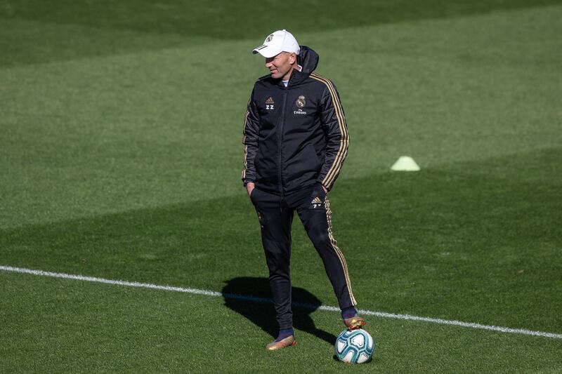 Real Madrid manager Zinedine Zidane attends training at the Valdebebas sport city on Friday. EPA