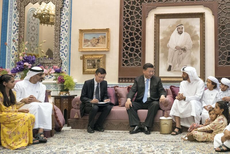 ABU DHABI, UNITED ARAB EMIRATES - July 20, 2018: HH Sheikh Mohamed bin Zayed Al Nahyan Crown Prince of Abu Dhabi Deputy Supreme Commander of the UAE Armed Forces (5th L), hosts a private dinner for HE Xi Jinping, President of China (4th L), at Sea Palace. Seen with HH Major General Sheikh Khaled bin Mohamed bin Zayed Al Nahyan, Deputy National Security Adviser (2nd L), HH Sheikha Salama bint Mohamed bin Hamad bin Tahnoon Al Nahyan (L), HH Sheikh Saif bin Nahyan bin Saif Al Nahyan (6th L), HH Sheikh Mohamed bin Nahyan bin Saif Al Nahyan (7th L), HH Sheikha Fatma bint Mohamed bin Hamad bin Tahnoon Al Nahyan (front R) and HH Sheikha Salama bint Diab bin Mohamed bin Zayed Al Nahyan (front 2nd R).

( Rashed Al Mansoori / Crown Prince Court - Abu Dhabi )
---