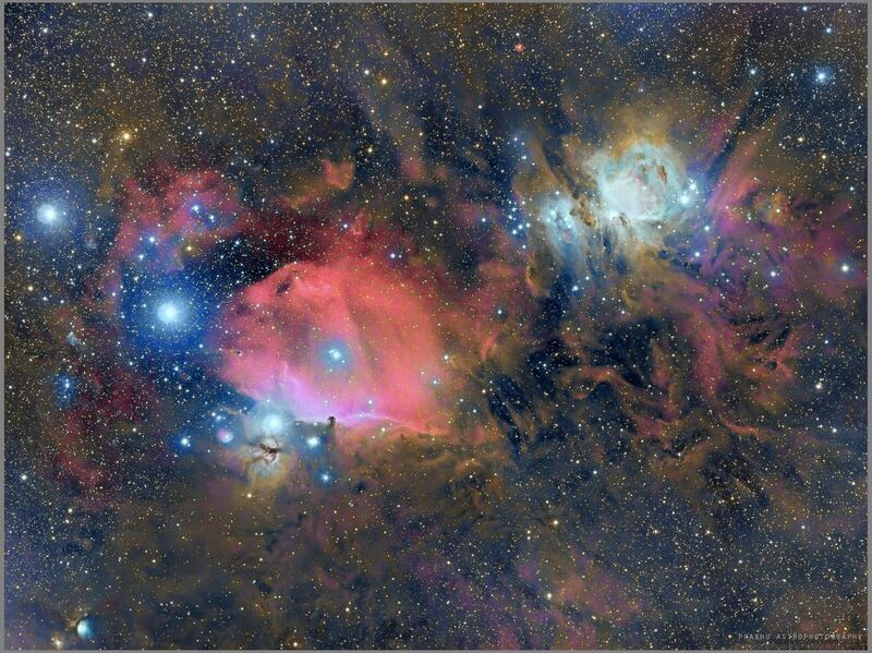 This close-up view of the Orion Molecular Cloud Complex comprises many large groups of bright nebulae, dark clouds in the Orion constellation. Courtesy: Prabhakaran Andiappan
