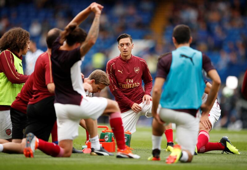 Soccer Football - Premier League - Chelsea v Arsenal - Stamford Bridge, London, Britain - August 18, 2018  Arsenal's Mesut Ozil during the warm up before the match   Action Images via Reuters/John Sibley  EDITORIAL USE ONLY. No use with unauthorized audio, video, data, fixture lists, club/league logos or "live" services. Online in-match use limited to 75 images, no video emulation. No use in betting, games or single club/league/player publications.  Please contact your account representative for further details.