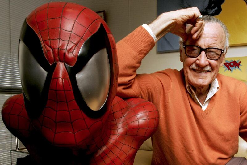 FILE: Stan Lee, founder of Marvel Entertainment Inc., poses for a photograph with a life size model of his superhero Spider-Man while in his office in Beverly Hills, California, U.S., on Thursday, Dec. 18, 2008. Lee, who brought a modern sensibility to comic books and provided lucrative fodder for Hollywood as co-creator of such sympathetically imperfect superheroes as Spider-Man, the Incredible Hulk, X-Men and Iron Man, has died. He was 95. Photographer: Jonathan Alcorn/Bloomberg