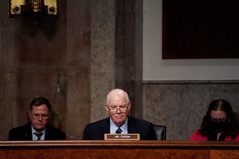 Mr Cardin listens to testimony during a Senate foreign relations committee hearing about US policy on Turkey in July 2021.  Reuters