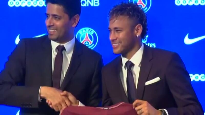 PSG president Nasser Al Khelaifi, left, with the club's new signing Neymar.