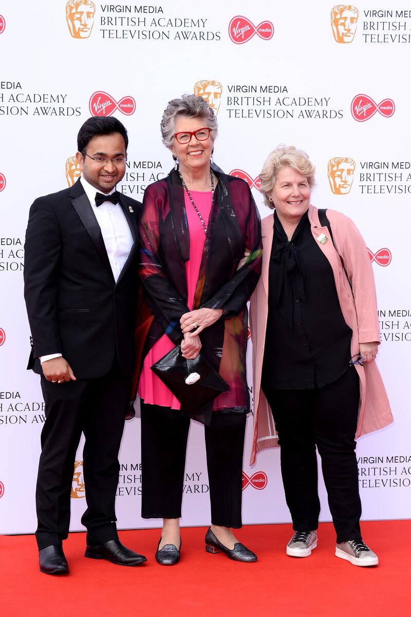 'Great British Bake Off' stars Rahul Mandal, Prue Leith and Sandi Toksvig attend the Virgin Media British Academy Television Awards at the Royal Festival Hall in London, Britain, 12 May 2019. Getty Images