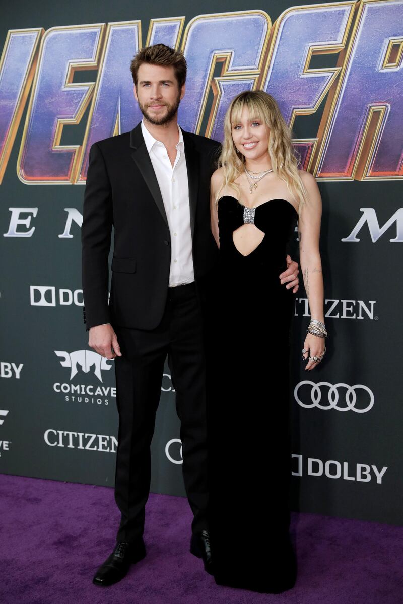 Liam Hemsworth and Miley Cyrus at the world premiere of 'Avengers: Endgame' at the Los Angeles Convention Center on April 22, 2019. AFP
