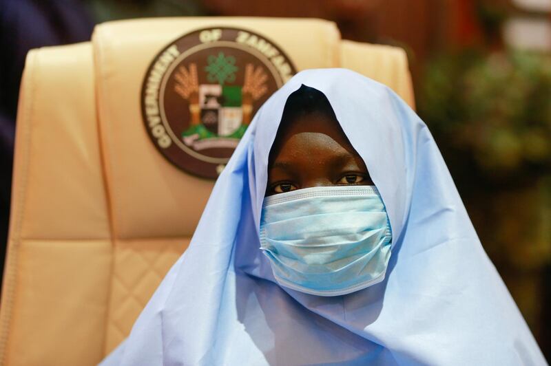 A girl who was kidnapped from a boarding school in the northwest Nigerian state of Zamfara, looks on after her release in Zamfara, Nigeria. Reuters