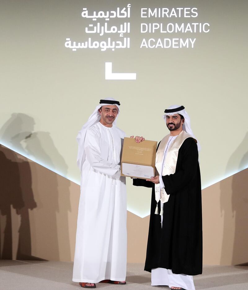Sheikh Abdullah bin Zayed, Minister of Foreign Affairs and International Cooperation and chairman of the Board of Trustees of the Emirates Diplomatic Academy, attends the graduation ceremony for EDA students. Wam