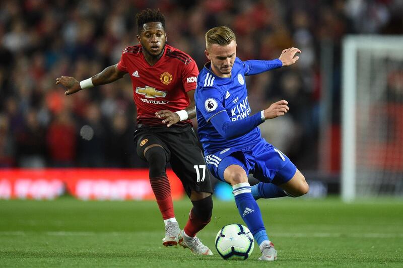 Manchester United's Fred challenges Leicester City's James Maddison. AFP