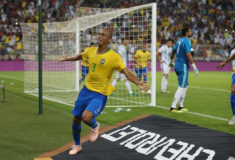 Brazil defender Miranda celebrates after scoring. AFP