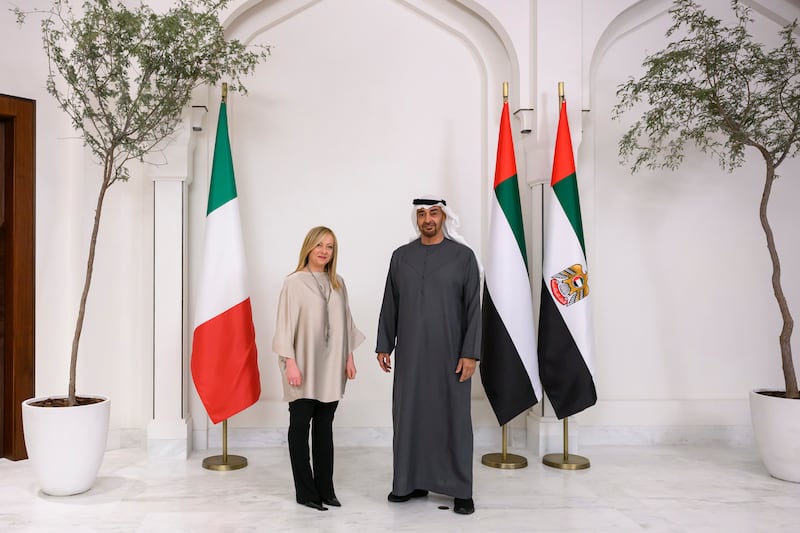 Sheikh Mohamed with Ms Meloni. The President discussed the importance of this year's Cop28 climate change summit in the UAE. Abdulla Al Neyadi / UAE Presidential Court