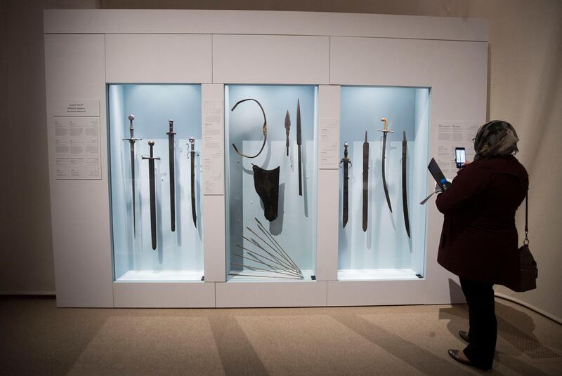 Abu Dhabi, United Arab Emirates- Swords at Furusiyya The Art of Chivalry between East and West, which draws links between knightly traditions of Europe and the Middle East at Louvre Abu Dhabi.  Leslie Pableo for The National 