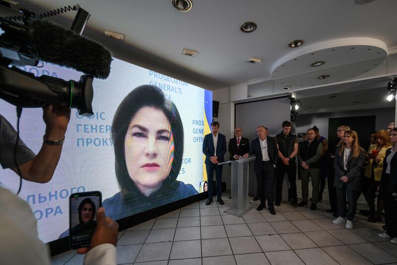 Ukraine’s prosecutor general Iryna Venediktova speaks by video during the opening ceremony of the Russian Warcrimes House, a photographic exhibition documenting atrocities alleged to have been committed by Russian troops in Ukraine. The display was organised by The Victor Pinchuk Foundation. AFP