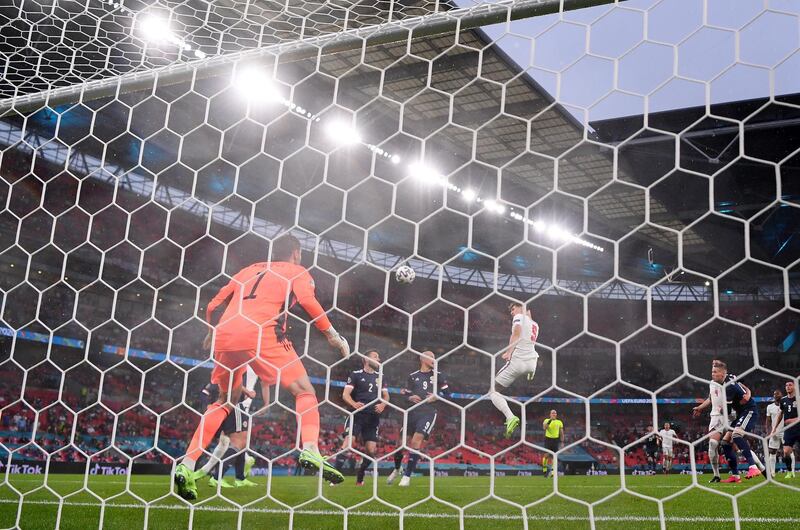 England's John Stones of England hits the post from a header at Wembley Stadium. Getty