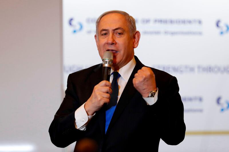 Israeli Prime Minister Benjamin Netanyahu addresses the Conference of Presidents of Major American Jewish Organisations (CoP) in Jerusalem on February 16, 2020.  / AFP / EMMANUEL DUNAND
