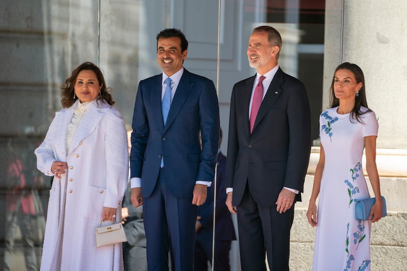 The Emir of Qatar and his wife Sheikha Jawaher Al Thani meet Spain's King Felipe and Queen Letizia in Madrid. AP