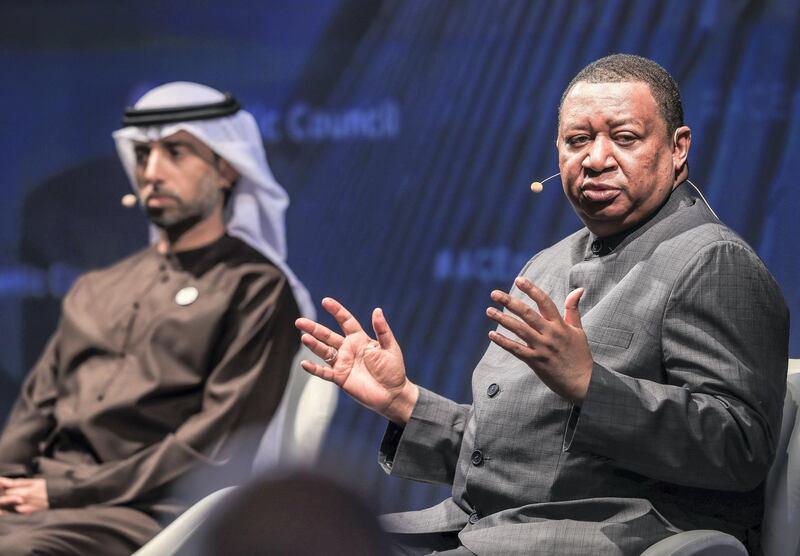 Abu Dhabi, U.A.E., Janualry 13, 2019.  
LOOKING AHEAD: THE FUTURE OF THE VIENNA ALLIANCE:  (R-L)
 H.E. Mohammed Barkindo, Secretary General, Organization of the Petroleum Exporting Countries; and H.E. Suhail Al Mazrouei, Minister of Energy and Industry, United Arab Emirates during the forum.
Victor Besa / The National
Section:  BZ
Reporter:  Dania Saadi and Jennifer Gnana